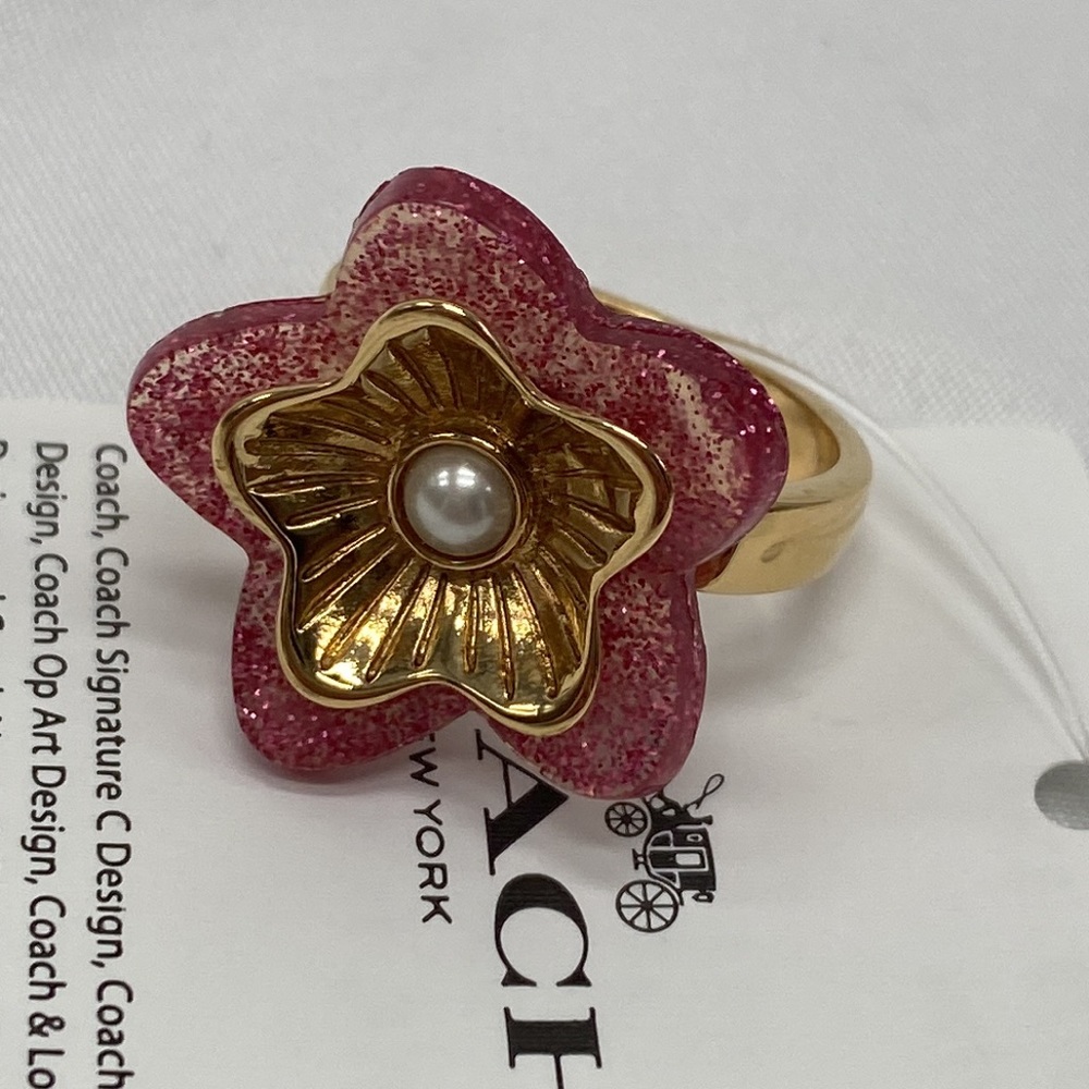 Coach Tea Rose Pink Resin Glitter Gold Plated 14k adjustable Pearl Accent Ring - Picture 5 of 8